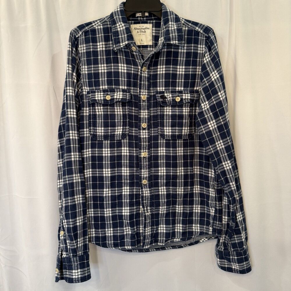 Abercrombie & Fitch Plaid Flannel Blue White Long Sleeve Button Up Muscle L